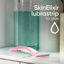 Disposable razor with SkinElixir lubrastrip on the pink handle for glide.