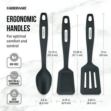 Set of 3 nylon cooking tools with ergonomic handles: slotted and short turner, basting spoon