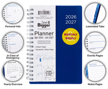 See It Bigger blue monthly/weekly planner with laminated tabs and sample page sections