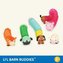 Five springy farm animal sensory tubes with animal heads: pig, sheep, dog, fox, cow