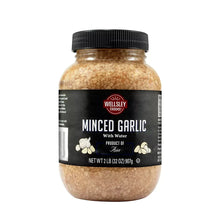 Minced garlic with water jar, Wellsley Farms, front label over beige contents.