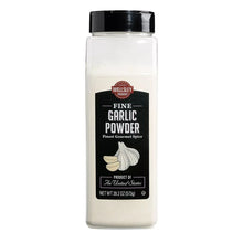 Garlic powder bottle with black cap and Wellsley Farms front label, net 20.2 oz.