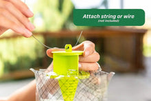 Fly trap with green top and white mesh bag, showing string or wire attachment point