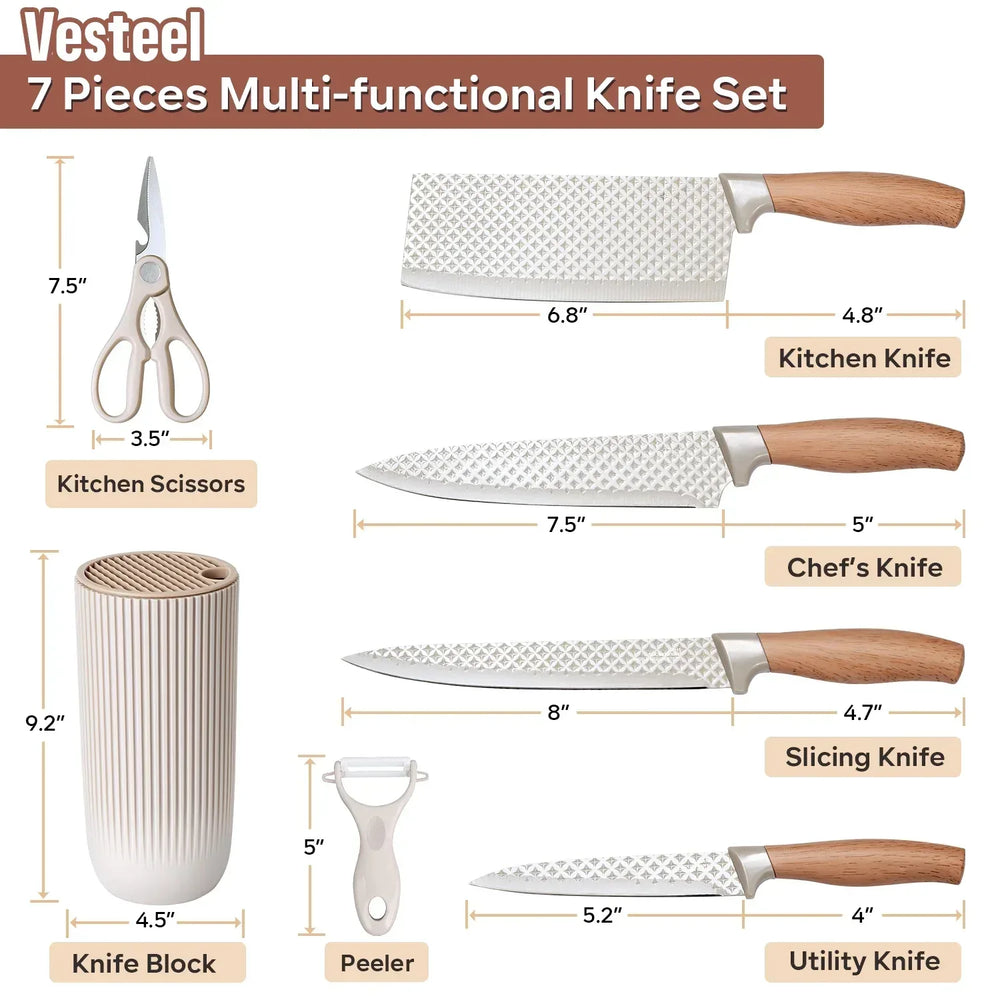 Vesteel Kitchen Knife Set of 7, Professional Stainless Steel Knives Set for Kitchen with Universal Knife Block - Khaki - USA MEGA SHOP