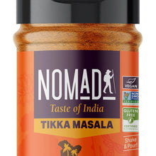 Tikka masala spice blend jar front label close-up with vegan badge, black cap