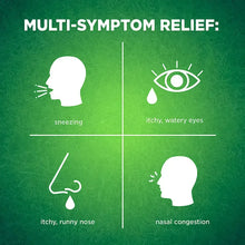 Berkley Jensen multi-symptom relief nasal spray graphic with eye, nose, and sneezing icons