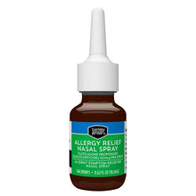 Berkley Jensen allergy relief nasal spray bottle with white spray nozzle and brown liquid