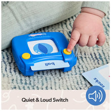 Blue talking flash card reader with yellow button and quiet/loud controls