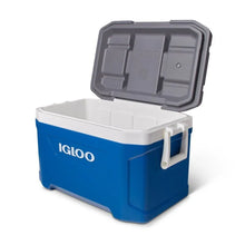 Blue cooler with open lid revealing white interior and side carry handles