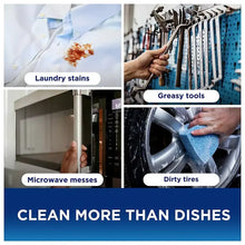 Dish soap usage collage showing labeled laundry stains, greasy tools, microwave messes