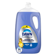 Dawn Platinum dish soap bottle, blue liquid with pump spout, 90 fl oz