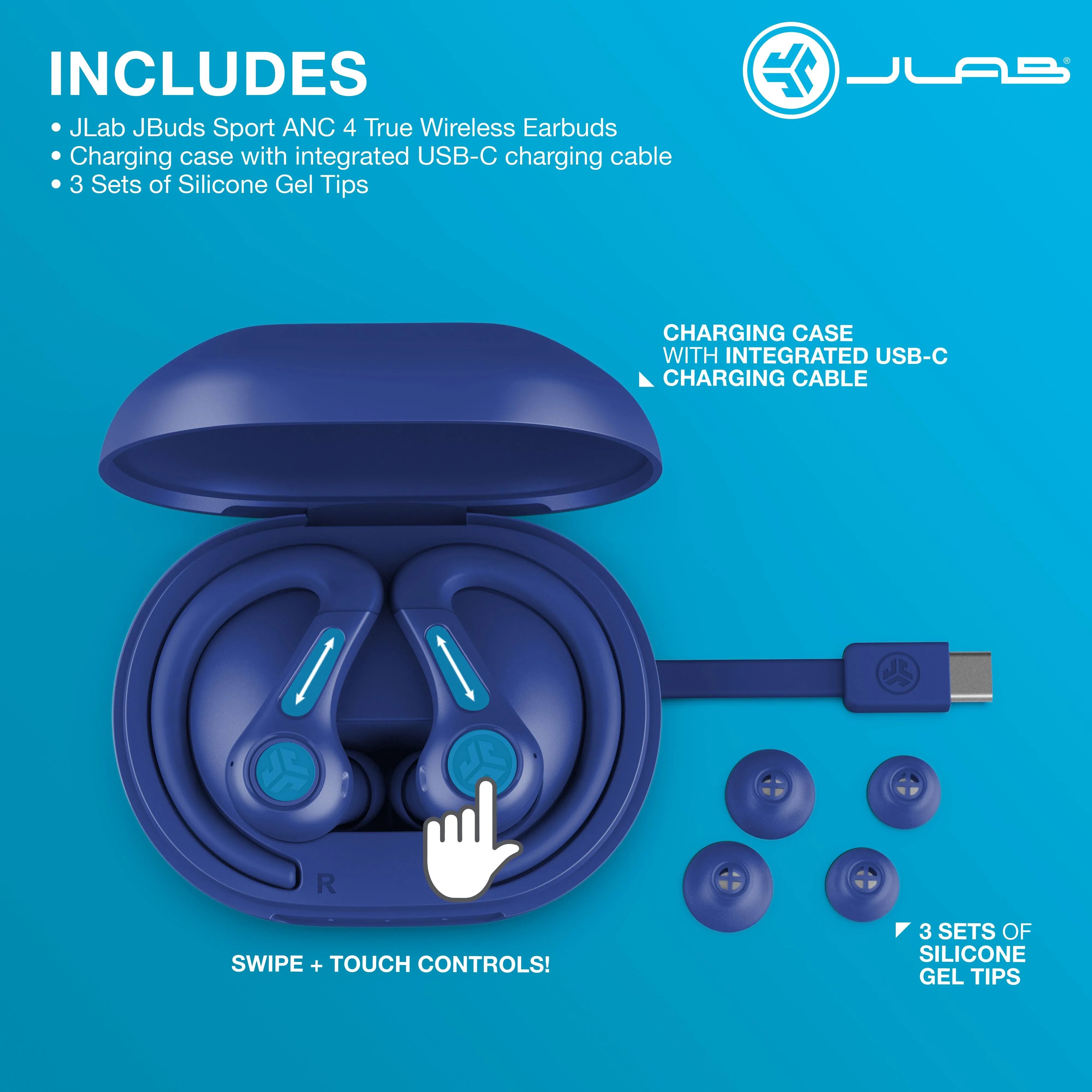 JLab JBuds Sport ANC 4 True Wireless Earbuds, Cobalt, Hybrid ANC, Touch Controls, Multipoint, App Customization