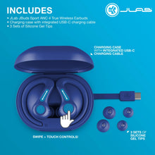 Cobalt blue charging case, USB-C cable, and silicone ear tips