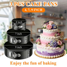3-piece black round springform cake pan set with latch clips and perforated bottoms.