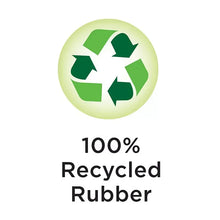 Recycled rubber badge: green recycling icon with '100% Recycled Rubber'