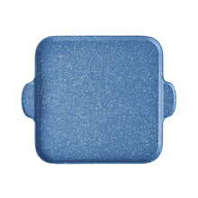 Blue speckled rectangular griddle pan with side handles