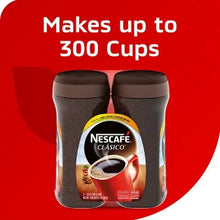 Two Nescafe Clasico instant coffee canisters, dark brown containers