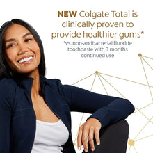Colgate Total Whitening toothpaste ad with smiling woman and health claims