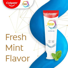 Colgate Total Whitening toothpaste tube with Fresh Mint Flavor graphics