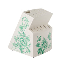 Acacia wood knife block with mint floral decal and blade slots on the top