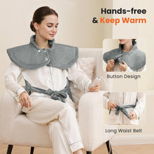 Gray heating pad wrap worn around shoulders with long waist tie