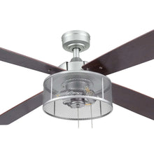 Pewter ceiling fan with light housing and four dark wood-look blades