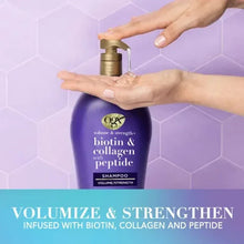 OGX biotin & collagen peptide shampoo bottle with pump, hands under dispenser
