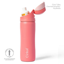 Coral pink flip-top water bottle with straw spout flipped up for sipping