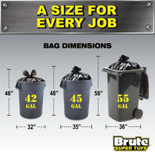 55-gallon contractor trash bag size chart with bag dimensions shown