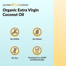 Coconut oil info graphic with icons: No GMOs, No Gluten, No Soy, GMP facility.
