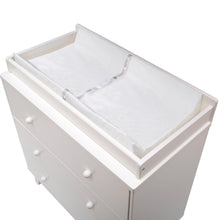 Rectangular contoured changing pad with white waterproof cover and raised sides