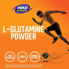L-Glutamine powder marketing graphic with orange background and running figure