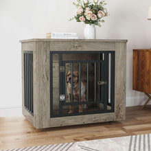 Dog crate furniture with gray wood-look sides and black metal bars, dog inside