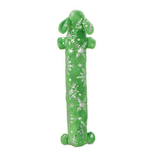 Plush dog loofa toy in green with white snowflake and star patterns