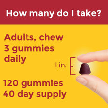 Multivitamin gummy serving graphic: chew 3 gummies daily, 120 gummies total