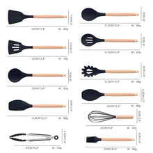 Assorted silicone cooking tools with black heads and wood handles, shown with size labels