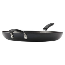 Black nonstick frying pan with two loop handles and long right handle, 14 in