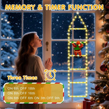 Santa ladder LED lights with timer feature shown beside lit window frame