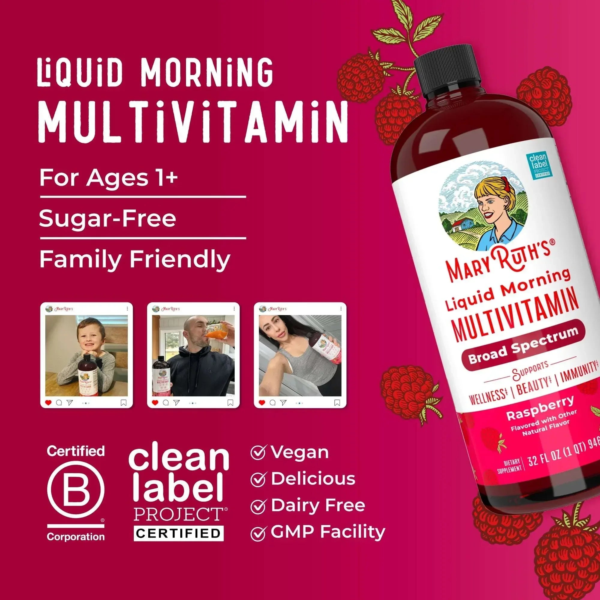MaryRuth's Morning Multivitamin Liquid, Raspberry, Unisex, 32 Fl Oz, Vegan, Non-GMO, Vitamins C and D