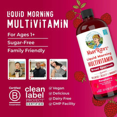 MaryRuth's Morning Multivitamin Liquid, Raspberry, Unisex, 32 Fl Oz, Vegan, Non-GMO, Vitamins C and D
