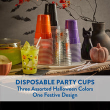 Halloween party cups in orange, black, purple and clear, featuring a festive print.