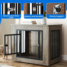 Dog crate furniture with front latch lock, gray wood-look panels and black metal bars