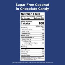 Back of sugar-free coconut chocolate candy bag with nutrition facts panel