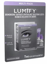 Redness reliever eye drops multi-pack with two small purple bottles in box