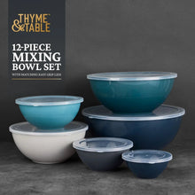 12-piece nesting mixing bowl set in blue tones and white, with clear matching lids