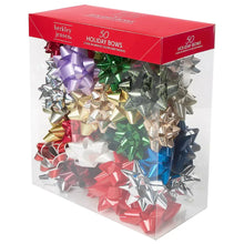 Berkley Jensen holiday bows set in box with metallic bows in purple, green, silver and red