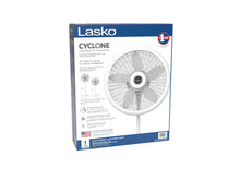 Lasko Cyclone pedestal fan box with white fan image on the front