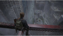 PlayStation 5 game screenshot: backpacked woman standing on a rooftop ledge