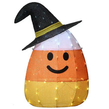 Pre-lit candy corn witch decoration with black hat, orange face, and yellow base