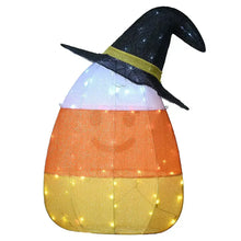 Pre-lit candy corn witch decoration with light blue top layer and black hat
